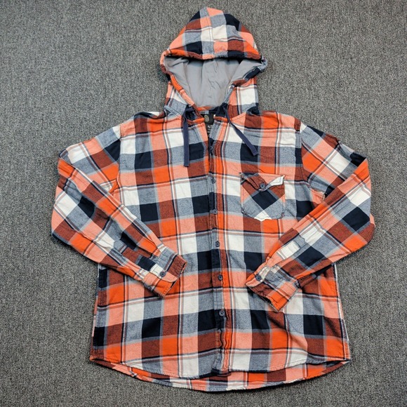 OP Surf Aesthetic Hooded Flannel Shirt XL Orange Navy Plaid Cotton Streetwear — photo 2